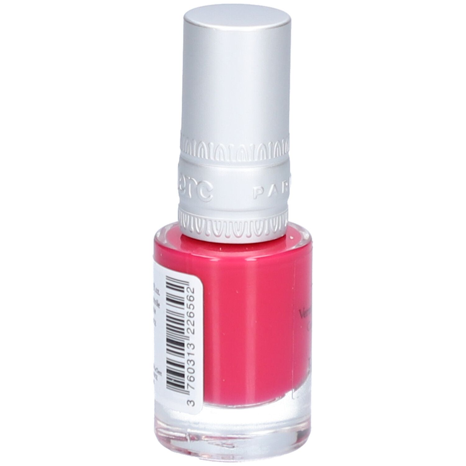Nagellackflasche mit pinkfarbenem Inhalt und silberfarbenem Deckel. Barcode und Text auf der Rückseite.