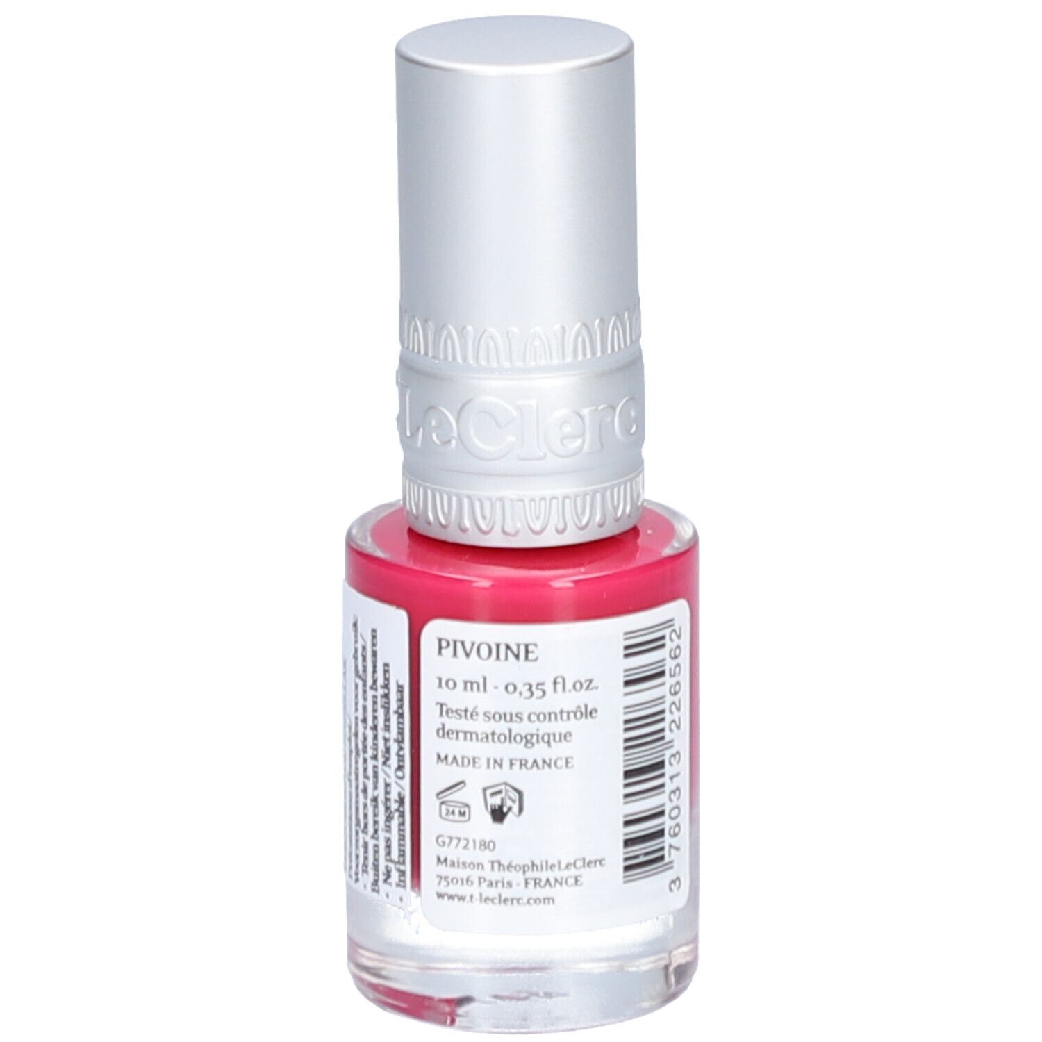Nagellackflasche mit pinkfarbenem Inhalt und silberfarbenem Deckel. Aufschrift: Pivoine, 10 ml - 0,35 fl.oz. Made in France.