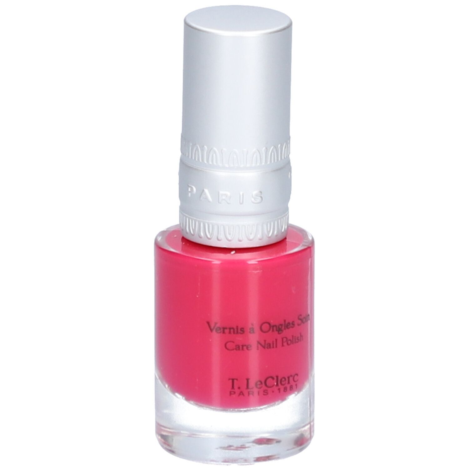 Nagellackflasche mit pinkfarbenem Inhalt und silberfarbenem Deckel. Aufschrift: Vernis à Ongles Soin, T. LeClerc Paris 1881.