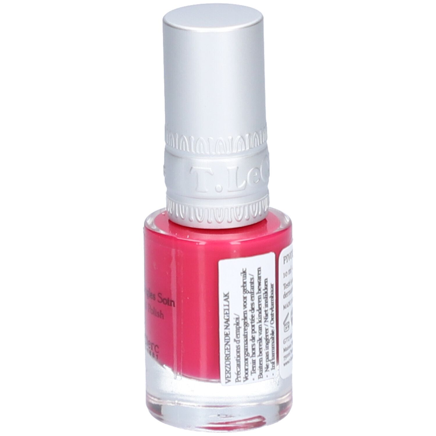 Nagellackflasche mit pinkfarbenem Inhalt und silberfarbenem Deckel. Text auf der Rückseite.