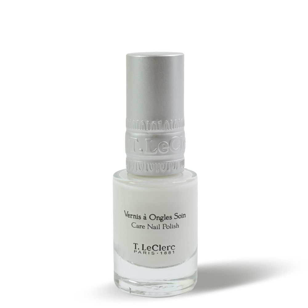Vernis à ongles blanc dans un flacon en verre avec bouchon argenté. Inscription : Vernis à Ongles Soin, Care Nail Polish, T.LeClerc PARIS 1881.