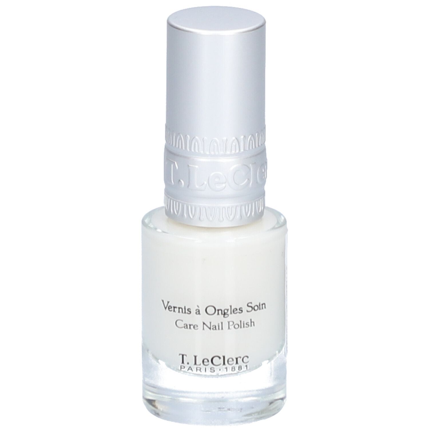 Vernis à ongles blanc dans un flacon en verre avec bouchon argenté. Inscription : Vernis à Ongles Soin, Care Nail Polish, T.LeClerc PARIS 1881.
