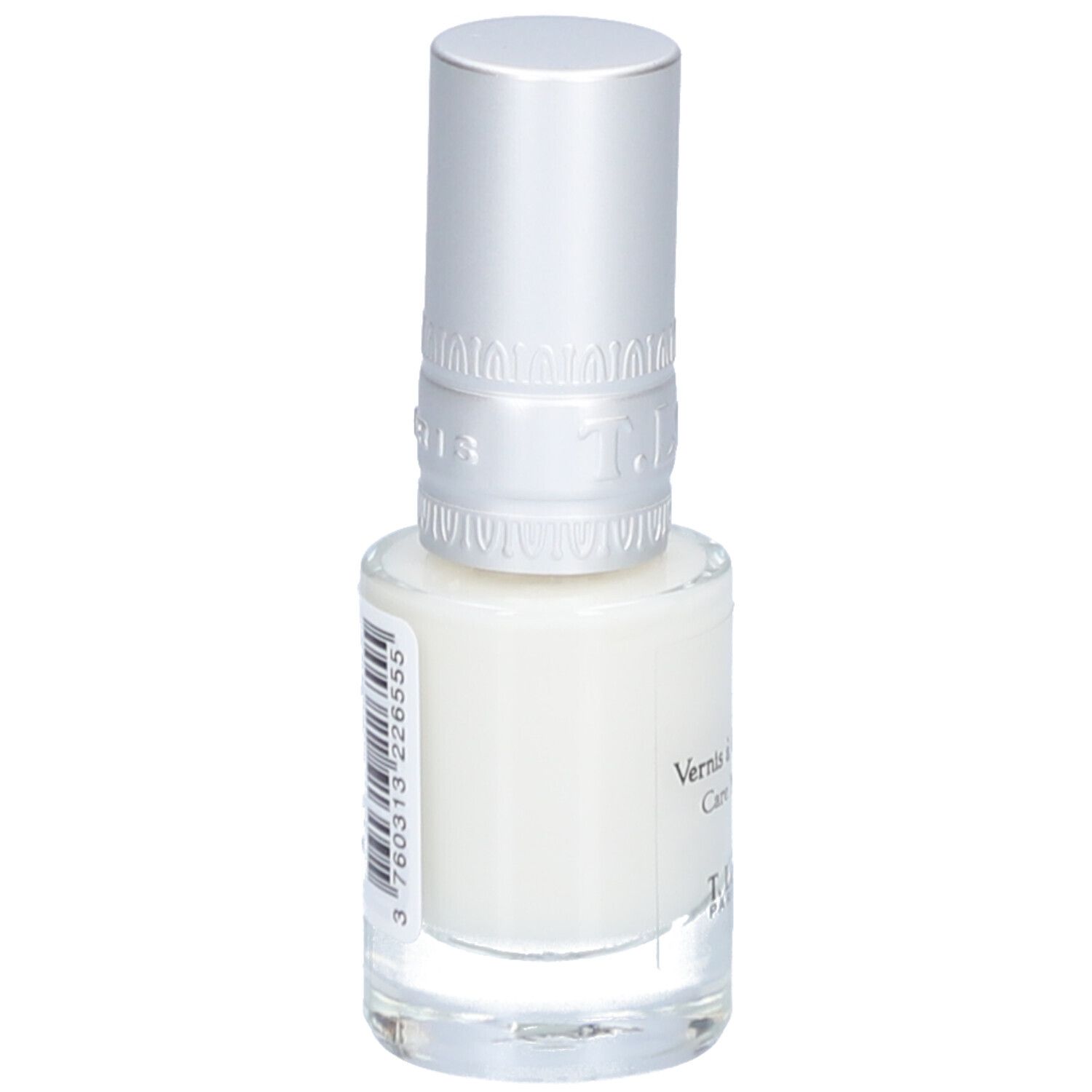 Vue arrière d'un flacon de vernis à ongles blanc avec bouchon argenté. Inscription : Vernis à Ongles Soin, Care Nail Polish, T.LeClerc PARIS 1881. Code-barres.