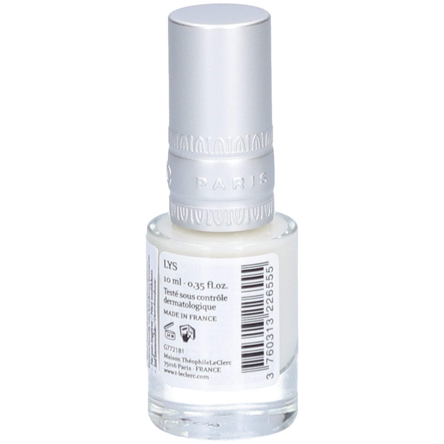 Vue arrière d'un flacon de vernis à ongles blanc avec bouchon argenté. Inscription : LYS, 10 ml - 0,35 fl.oz. Testé dermatologiquement. Fabriqué en France. Code-barres.
