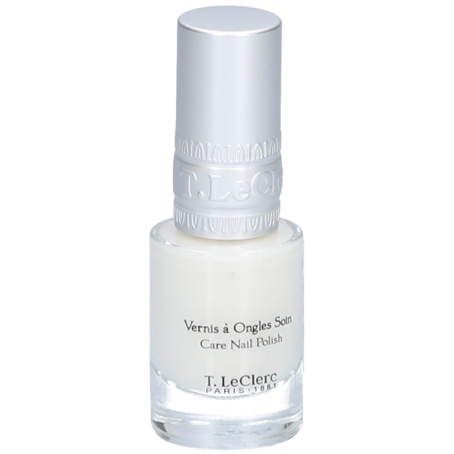 Vernis à ongles blanc dans un flacon en verre avec bouchon argenté. Inscription : Vernis à Ongles Soin, Care Nail Polish, T.LeClerc PARIS 1881.