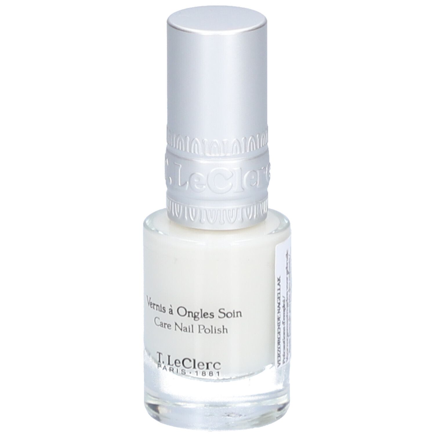 Vernis à ongles blanc dans un flacon en verre avec bouchon argenté. Inscription : Vernis à Ongles Soin, Care Nail Polish, T.LeClerc PARIS 1881.