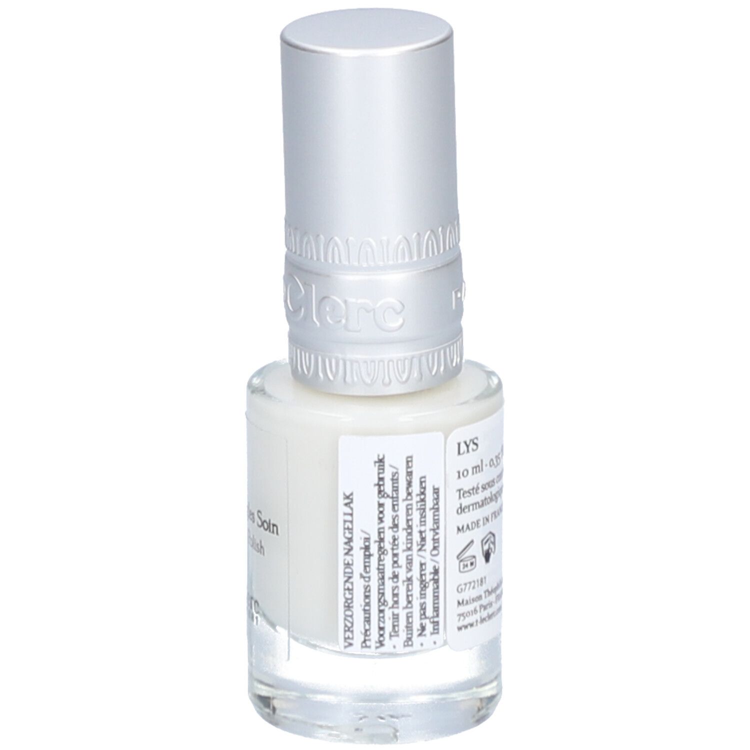 Vernis à ongles blanc dans un flacon en verre avec bouchon argenté. Inscription : Vernis à Ongles Soin, Care Nail Polish, T.LeClerc PARIS 1881. Étiquette.