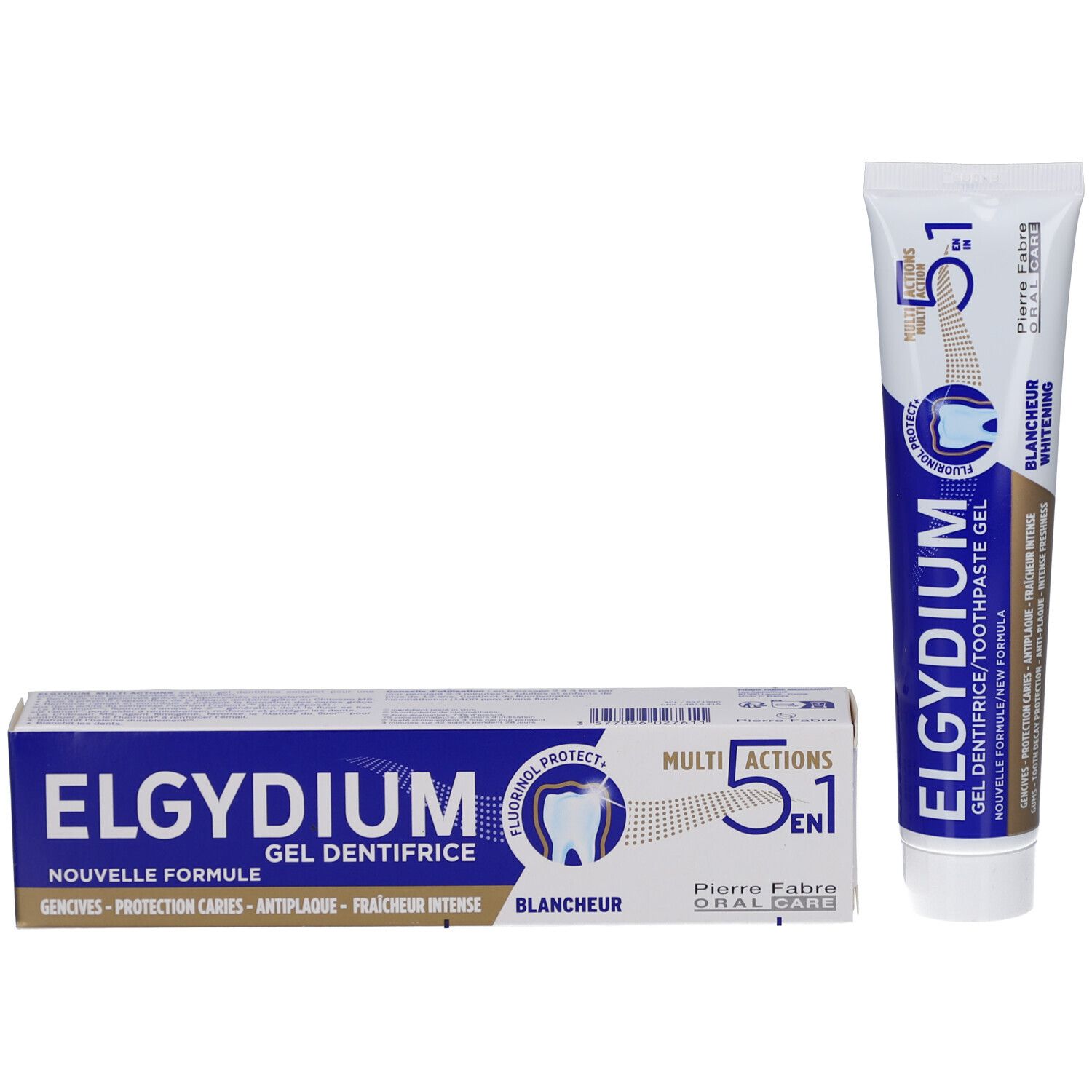 Zahnpasta-Tube und Schachtel. Aufschrift: ELGYDIUM, Gel Dentifrice, 5 in 1. Enthält Fluorinol. Weiße und blaue Farben.