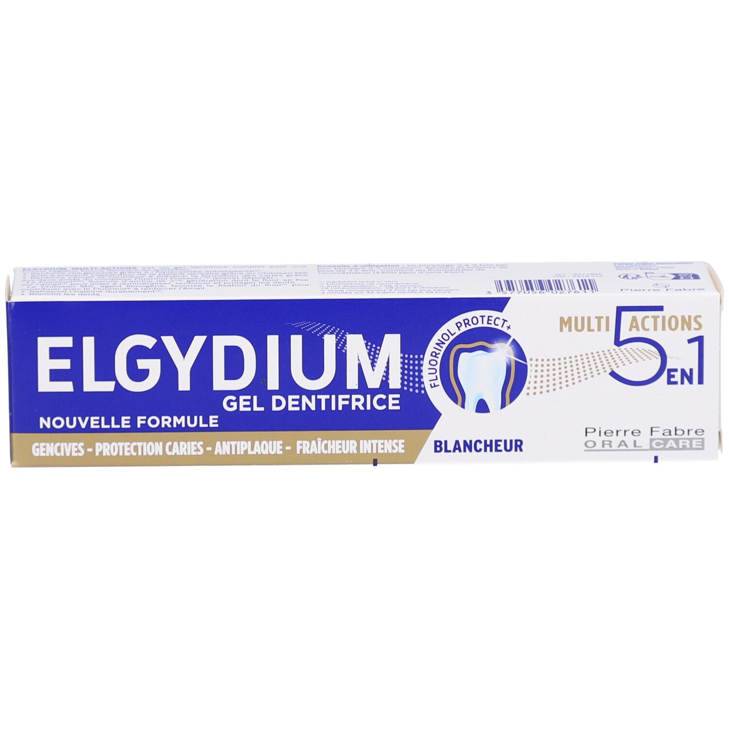 Zahnpasta-Schachtel. Aufschrift: ELGYDIUM, Gel Dentifrice, 5 in 1. Enthält Fluorinol. Weiße und blaue Farben.