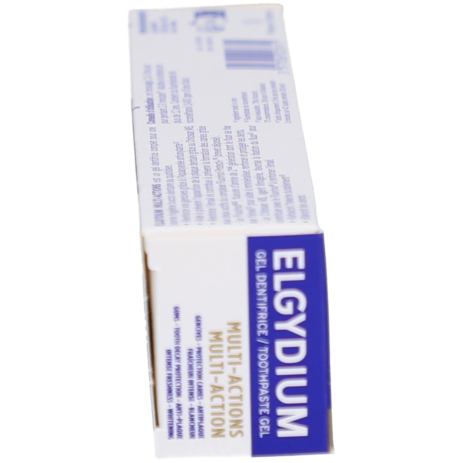 Schachtel von oben gesehen. Aufschrift: ELGYDIUM, Gel Dentifrice, 5 in 1. Enthält Fluorinol. Weiße und blaue Farben.
