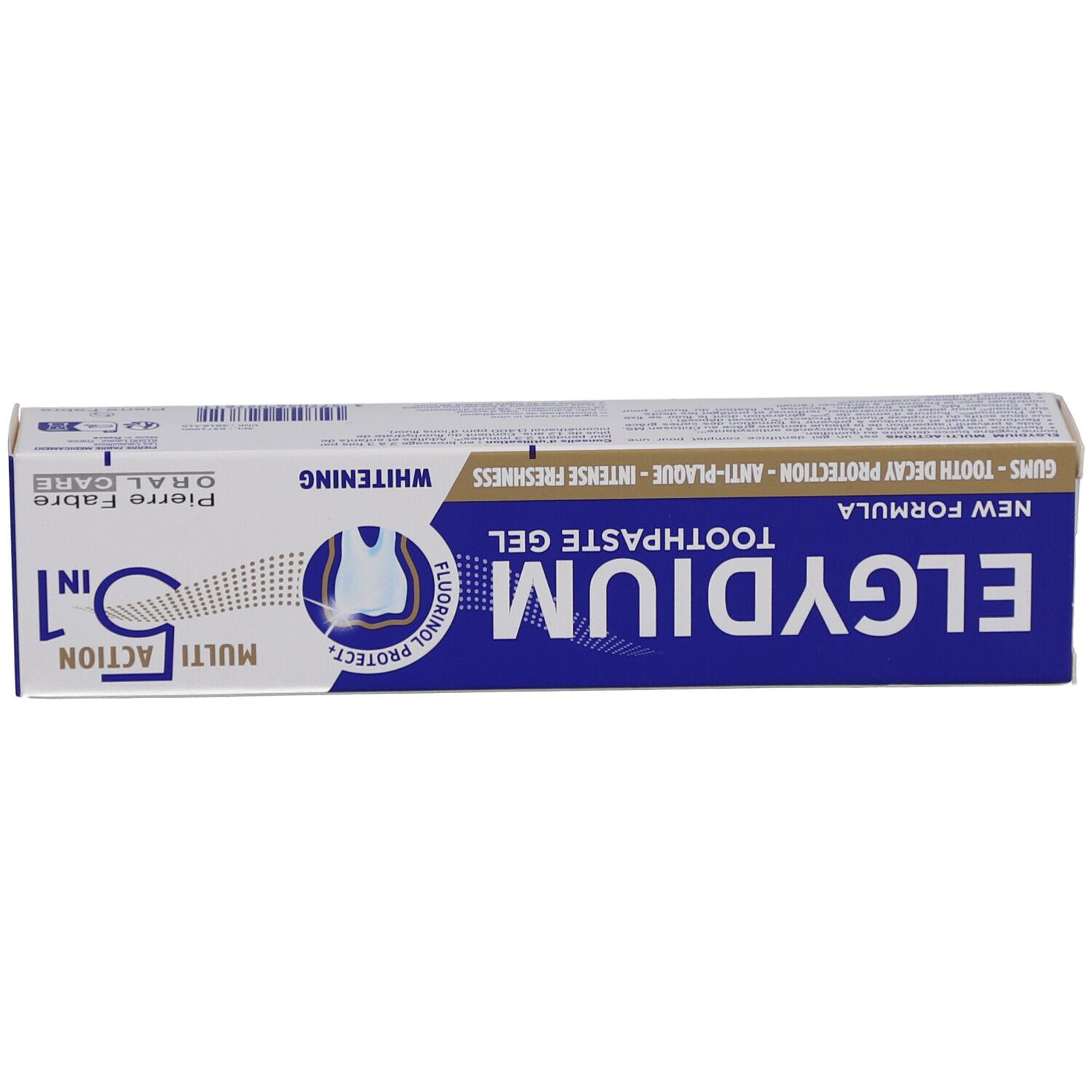 Zahnpasta-Schachtel. Aufschrift: ELGYDIUM, Gel Dentifrice, 5 in 1. Enthält Fluorinol. Weiße und blaue Farben.