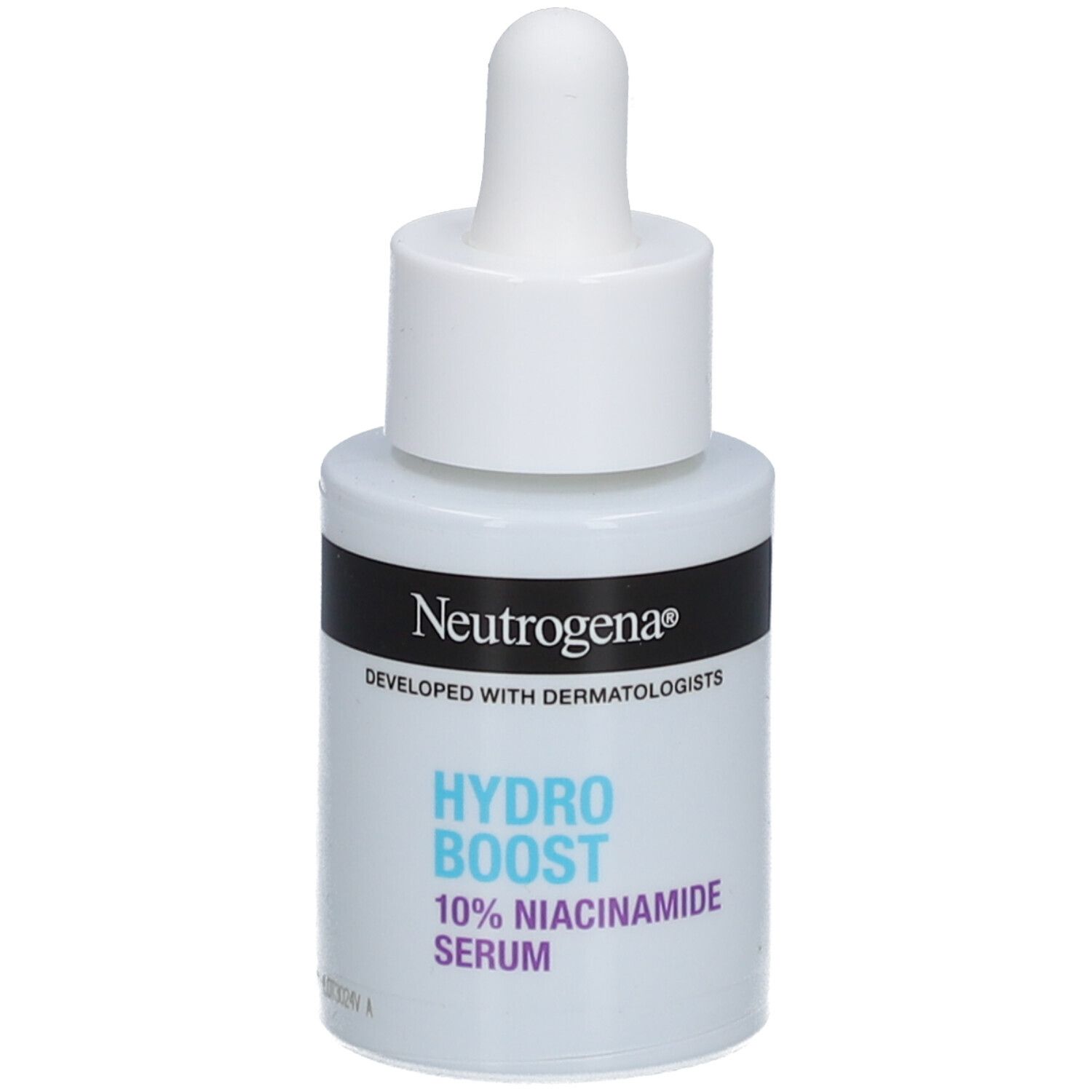 Neutrogena Hydro Boost Serum. Weiße Flasche mit Pipette. Text: 10% Niacinamid Serum.
