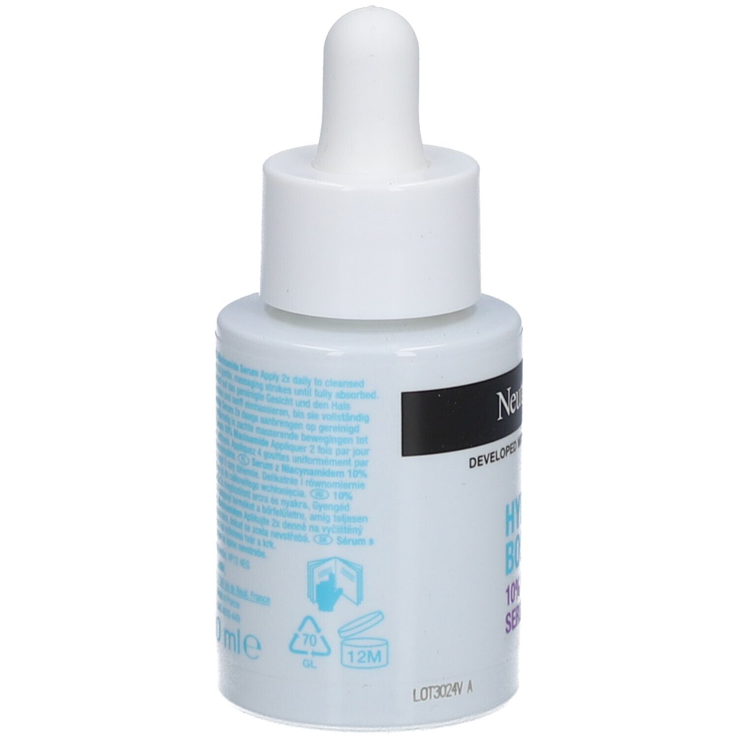 Rückseite der Neutrogena Hydro Boost Serum Flasche. Text und Symbole.