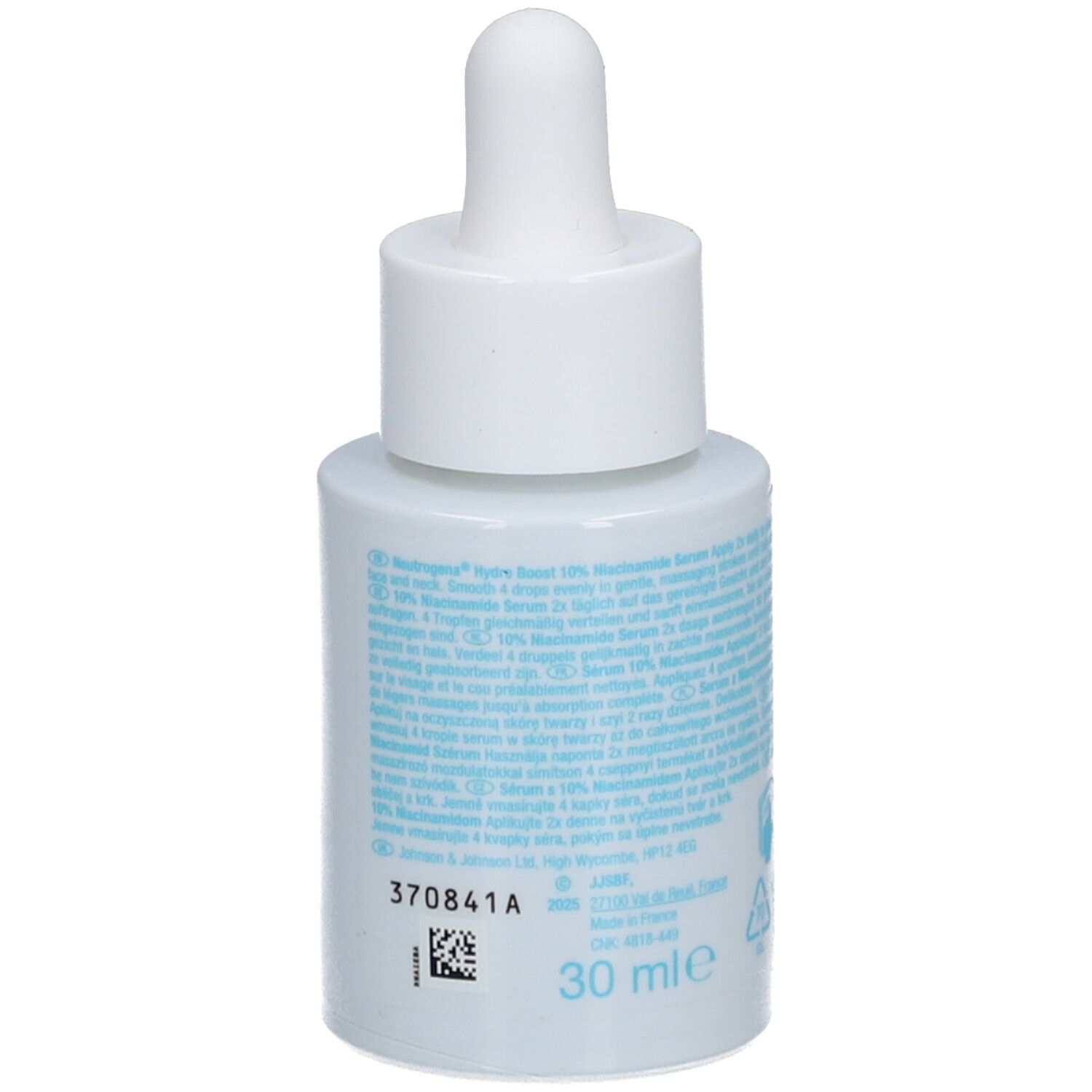 Rückseite der Neutrogena Hydro Boost Serum Flasche. Text und Symbole.