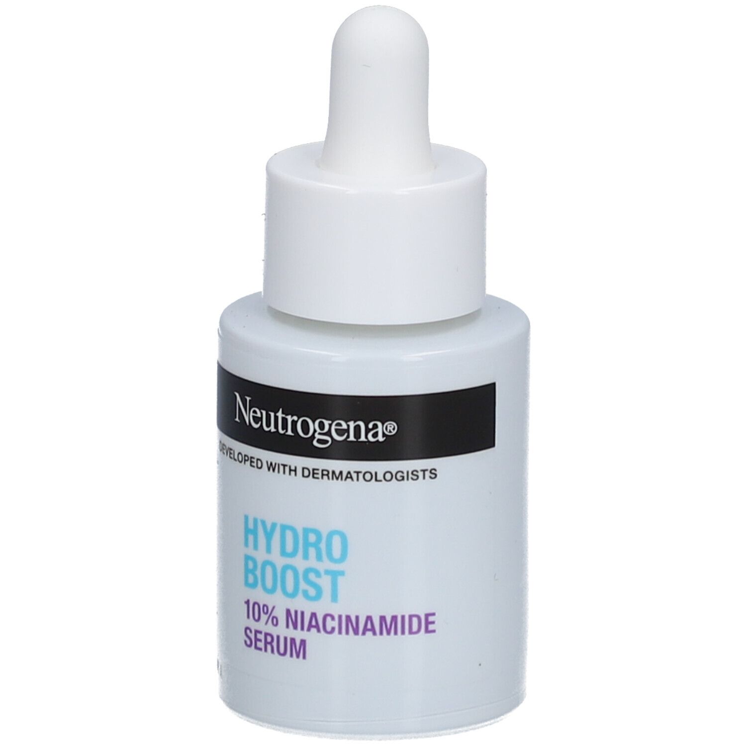 Neutrogena Hydro Boost Serum. Weiße Flasche mit Pipette. Text: 10% Niacinamid Serum.