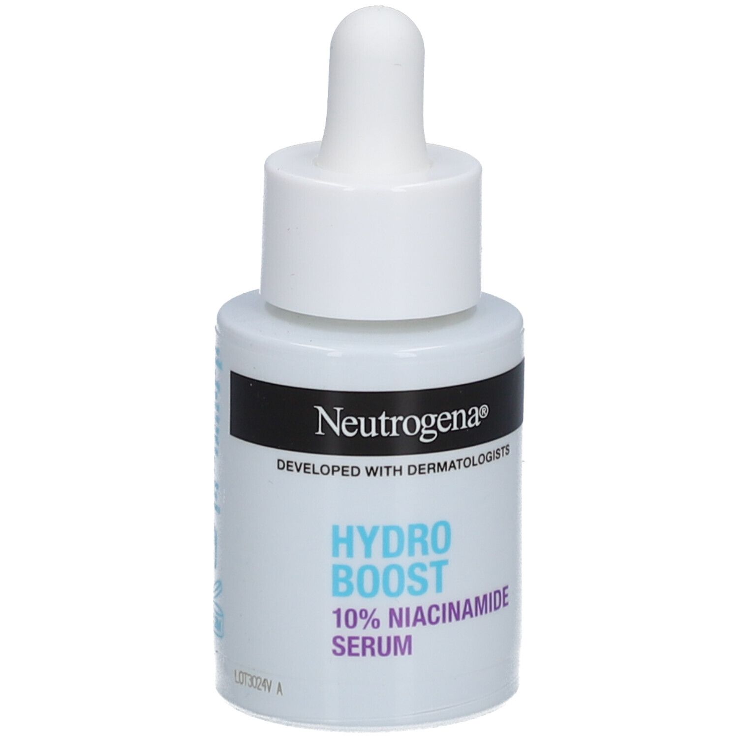 Neutrogena Hydro Boost Serum. Weiße Flasche mit Pipette. Text: 10% Niacinamid Serum.