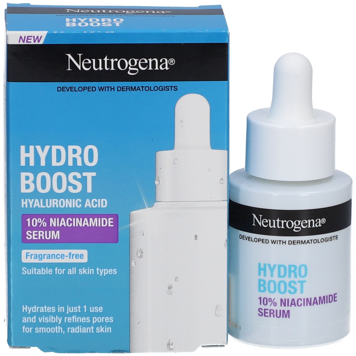 Neutrogena Hydro Boost Serum und Verpackung. Text: 10% Niacinamid Serum. Box.