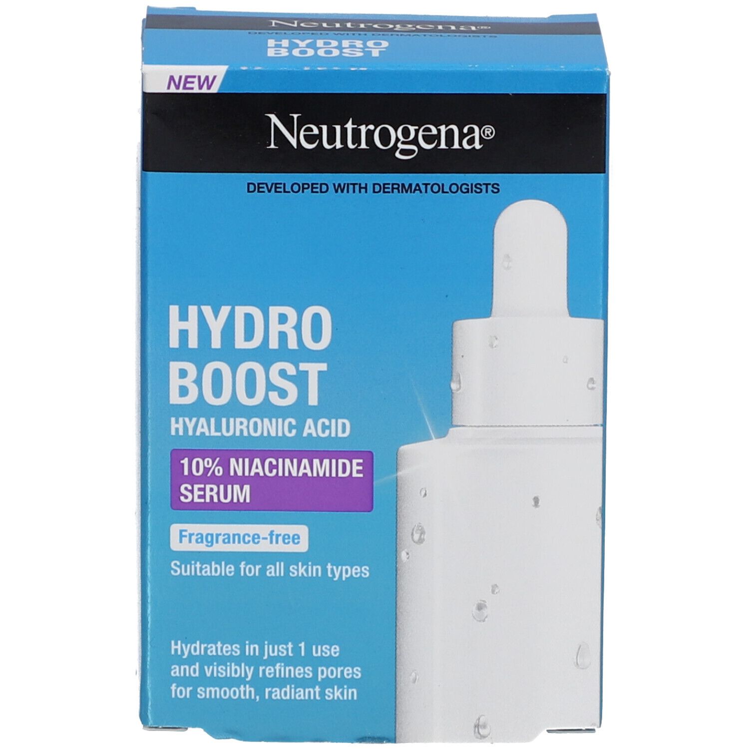 Neutrogena Hydro Boost Serum Verpackung. Text: 10% Niacinamid Serum. Box.