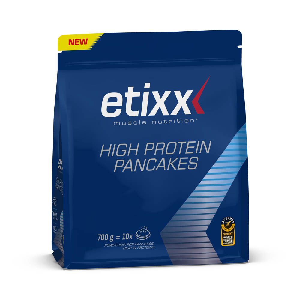 Etixx High Protein Pancakes. Blauwe verpakking. Bevat 700g, 10 porties. Met 'NEW' sticker.