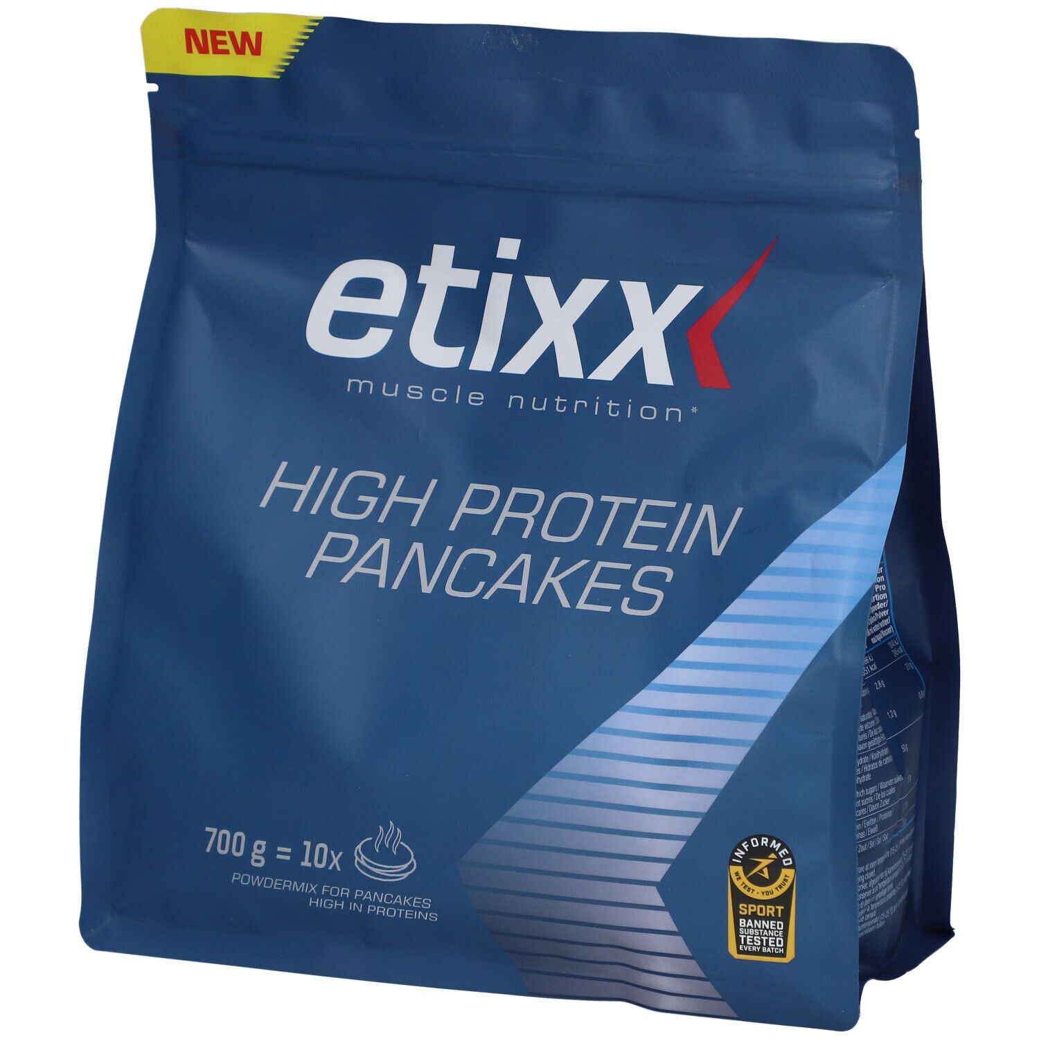 Etixx High Protein Pancakes. Blauwe verpakking. Bevat 700g, 10 porties. Met 'NEW' sticker.