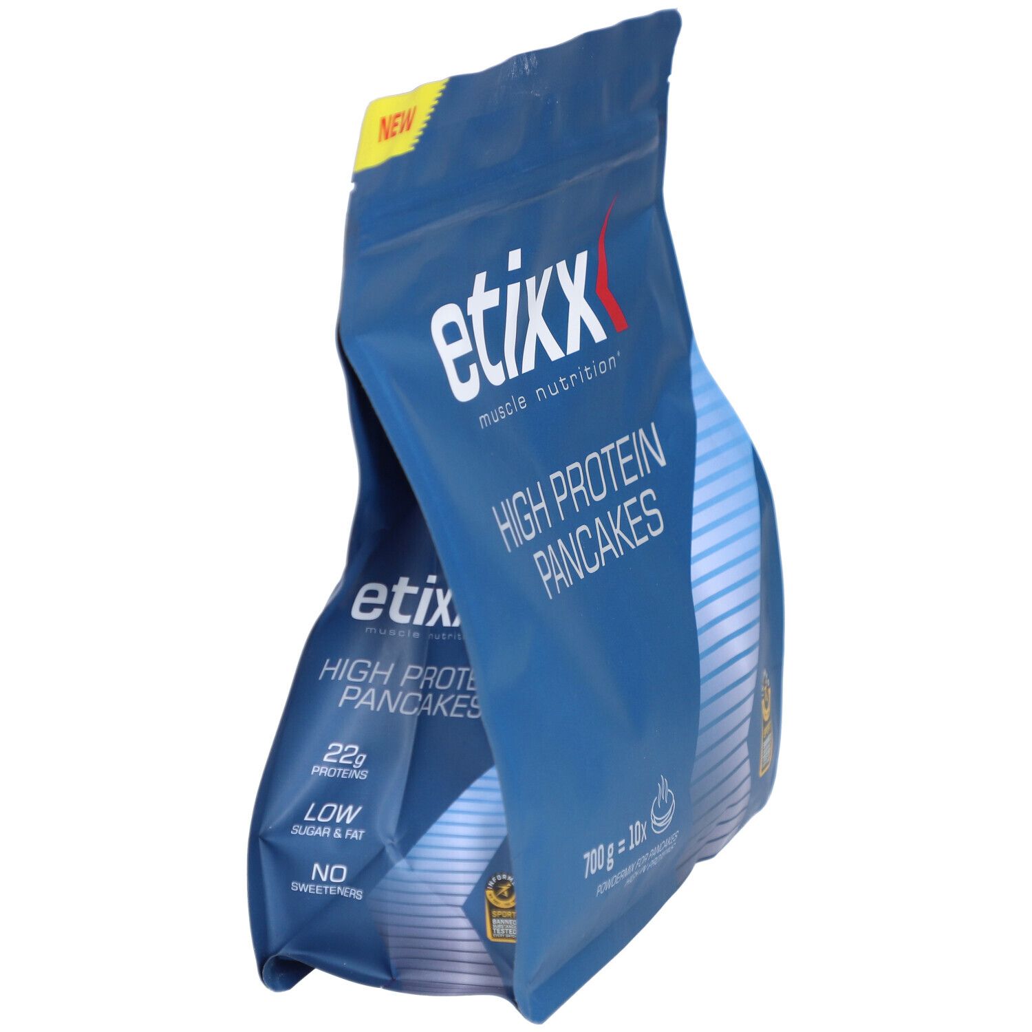 Etixx High Protein Pancakes. Blauwe verpakking, zijaanzicht. Bevat 700g. Met 'NEW' sticker.