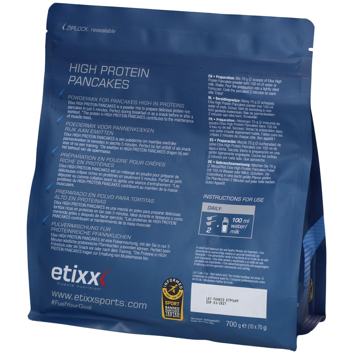 Achterkant van de Etixx High Protein Pancakes verpakking. Bevat informatie en instructies.
