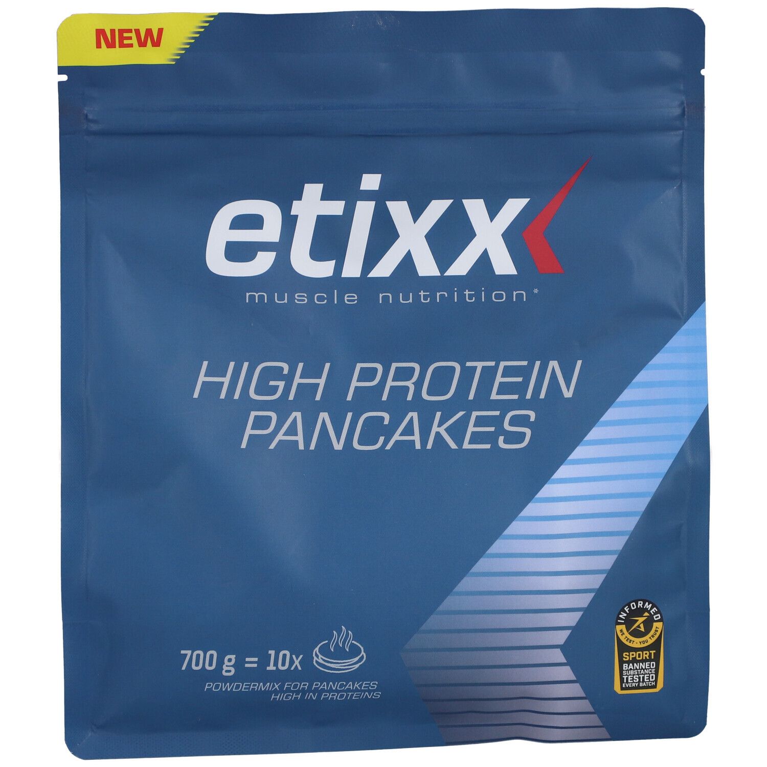 Etixx High Protein Pancakes. Blauwe verpakking. Bevat 700g, 10 porties. Met 'NEW' sticker.