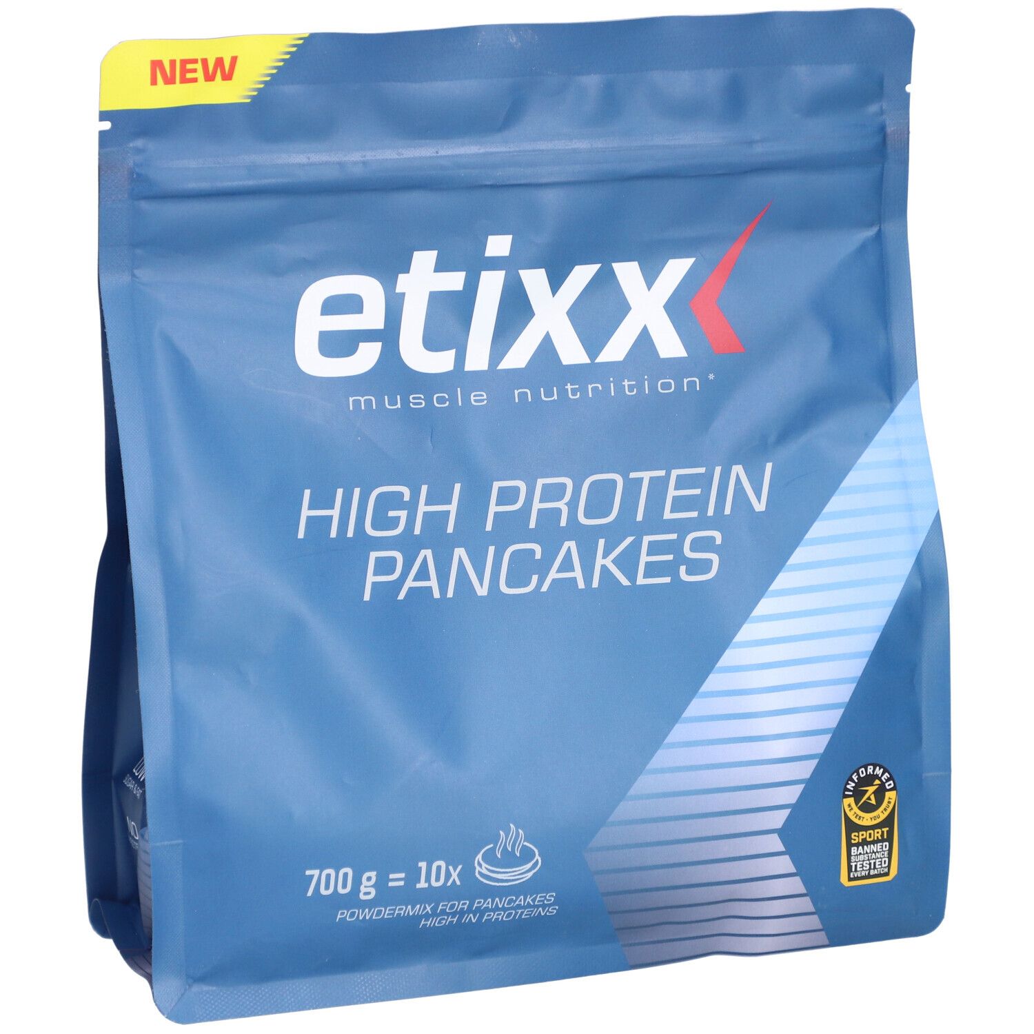 Etixx High Protein Pancakes. Blauwe verpakking. Bevat 700g, 10 porties. Met 'NEW' sticker.