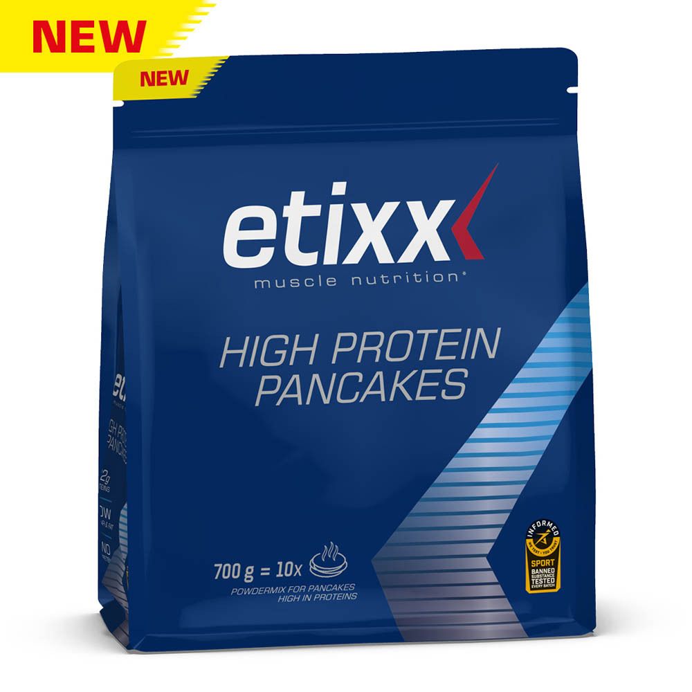 Etixx High Protein Pancakes. Blauwe verpakking. Bevat 700g, 10 porties. Met 'NEW' sticker.