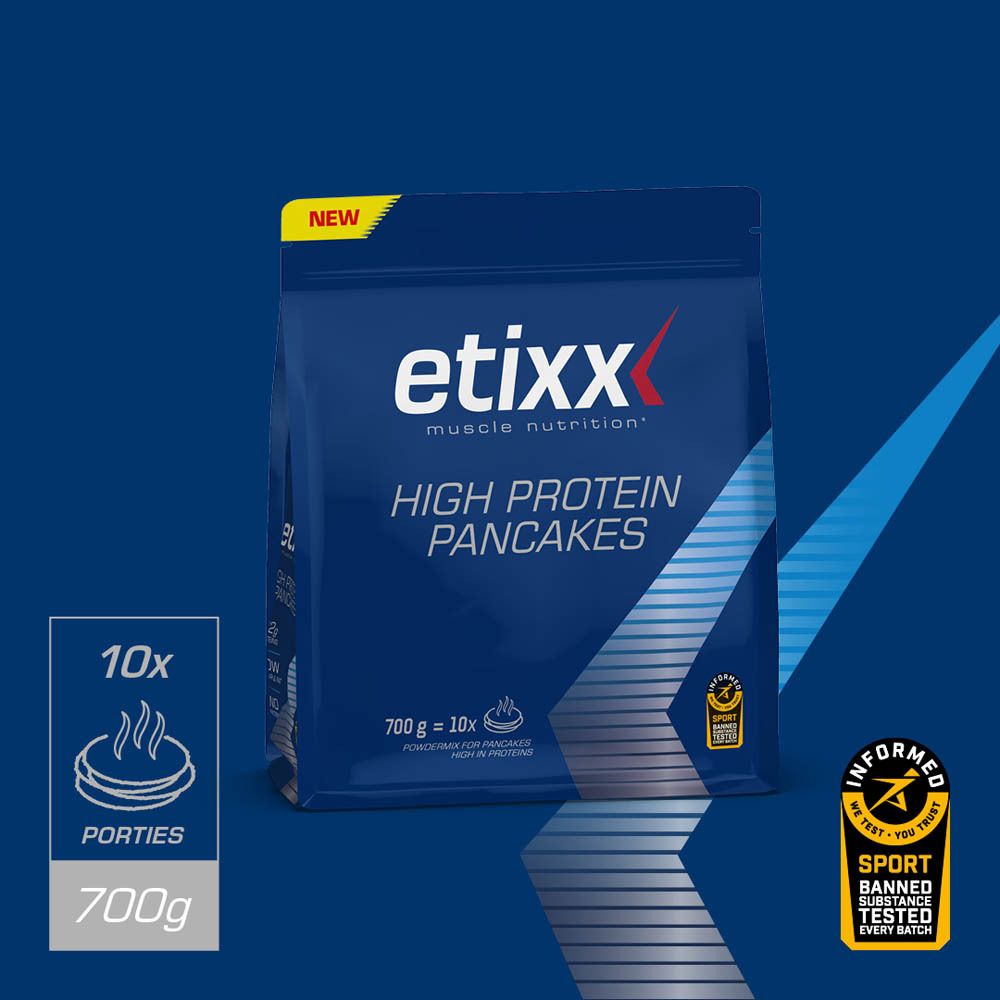 Etixx High Protein Pancakes. Blauwe verpakking. Bevat 700g, 10 porties. Met 'NEW' sticker.