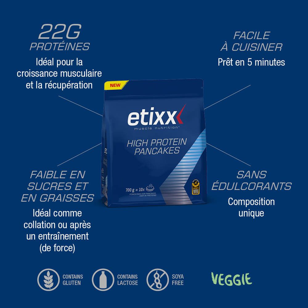 Etixx High Protein Pancakes. Emballage bleu. Contient 700g, 10 portions. Avec autocollant 'NEW'.