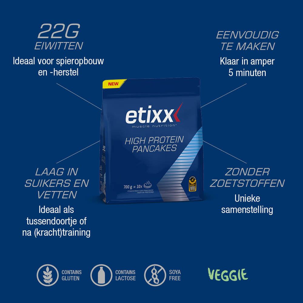 Etixx High Protein Pancakes. Blauwe verpakking. Bevat 700g, 10 porties. Met 'NEW' sticker.
