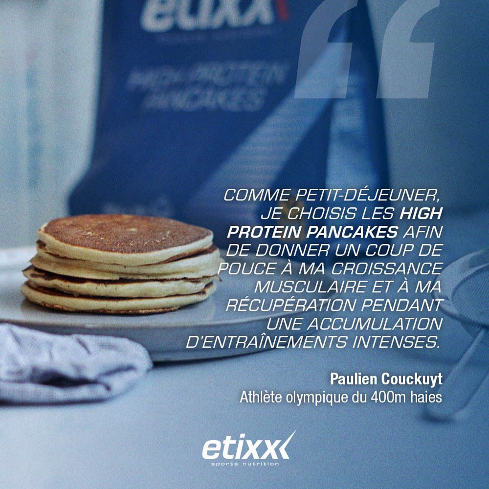 Etixx High Protein Pancakes. Emballage bleu. Contient 700g, 10 portions. Avec autocollant 'NEW'.
