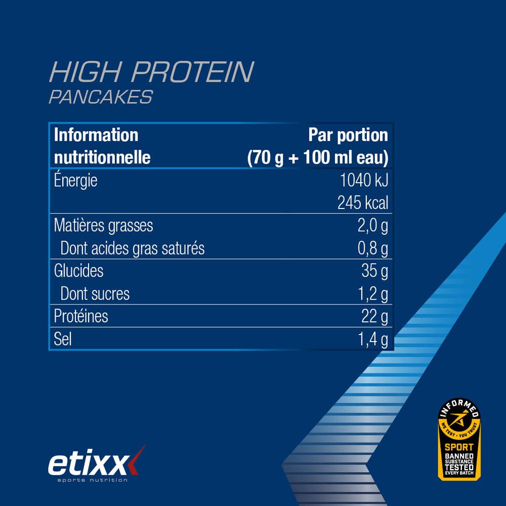 Etixx High Protein Pancakes. Emballage bleu. Contient 700g, 10 portions. Avec autocollant 'NEW'.