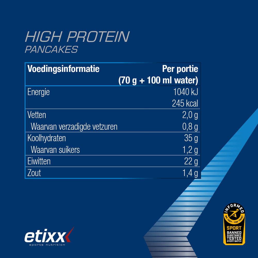Etixx High Protein Pancakes. Blauwe verpakking. Bevat 700g, 10 porties. Met 'NEW' sticker.