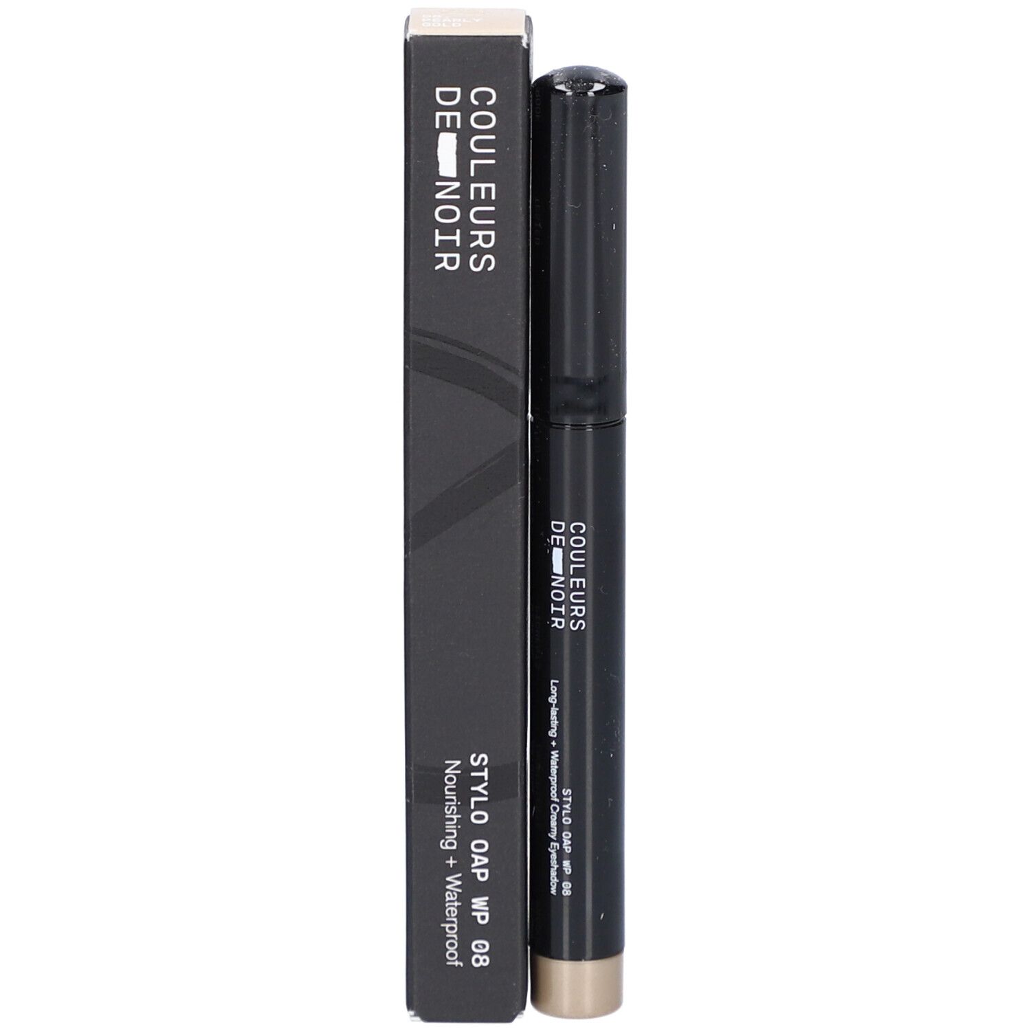 Schwarzer Stift und Verpackung. Aufschrift: COULEURS DE NOIR. STYLO DAP WP 08.