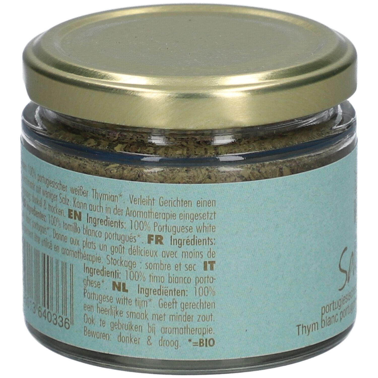 Rückseite des Sal Verde-Glases. Text: Zutaten, 100% portugiesischer weißer Thymian. Etikett in mehreren Sprachen.