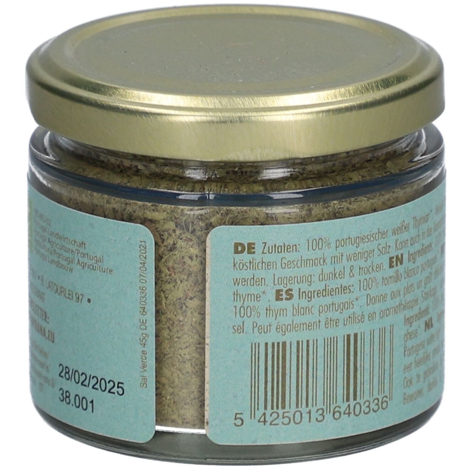 Rückseite des Sal Verde-Glases. Text: Zutaten, Haltbarkeit, Chargennummer. Etikett in mehreren Sprachen.