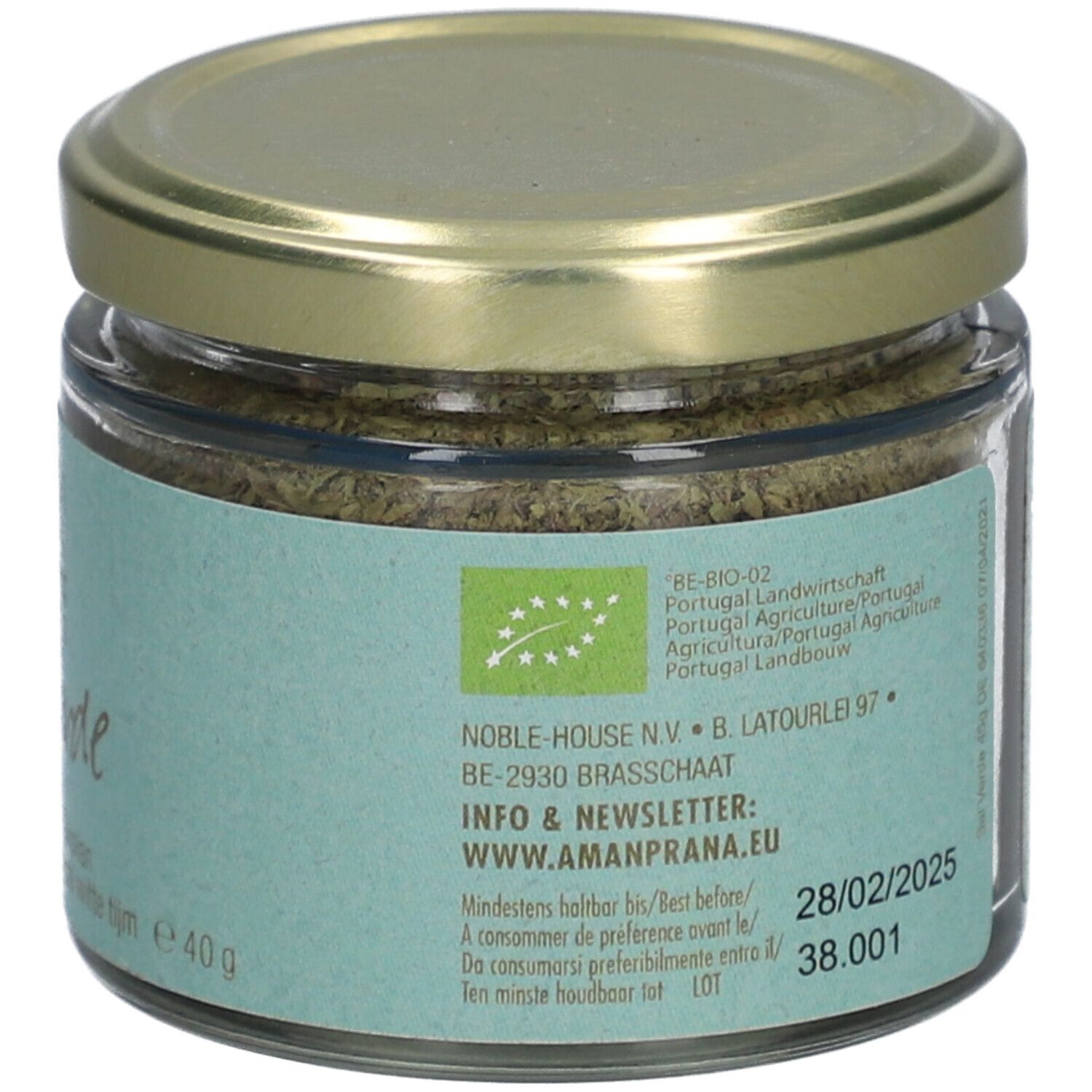 Rückseite des Sal Verde-Glases. Text: Adresse, Mindesthaltbarkeit, Chargennummer. Bio-Siegel.