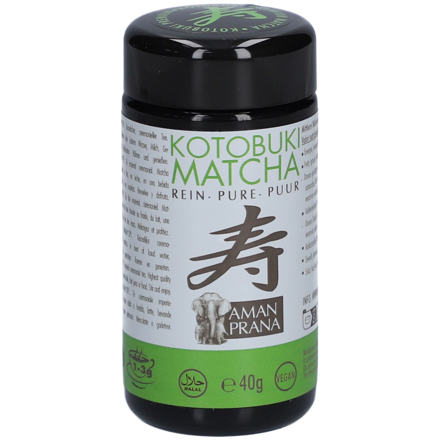 Schwarze Dose mit grünem Etikett. Aufschrift: Kotobuki Matcha Rein. Logo: Amanprana. Vegan und Halal-Siegel. Inhalt: 40g.