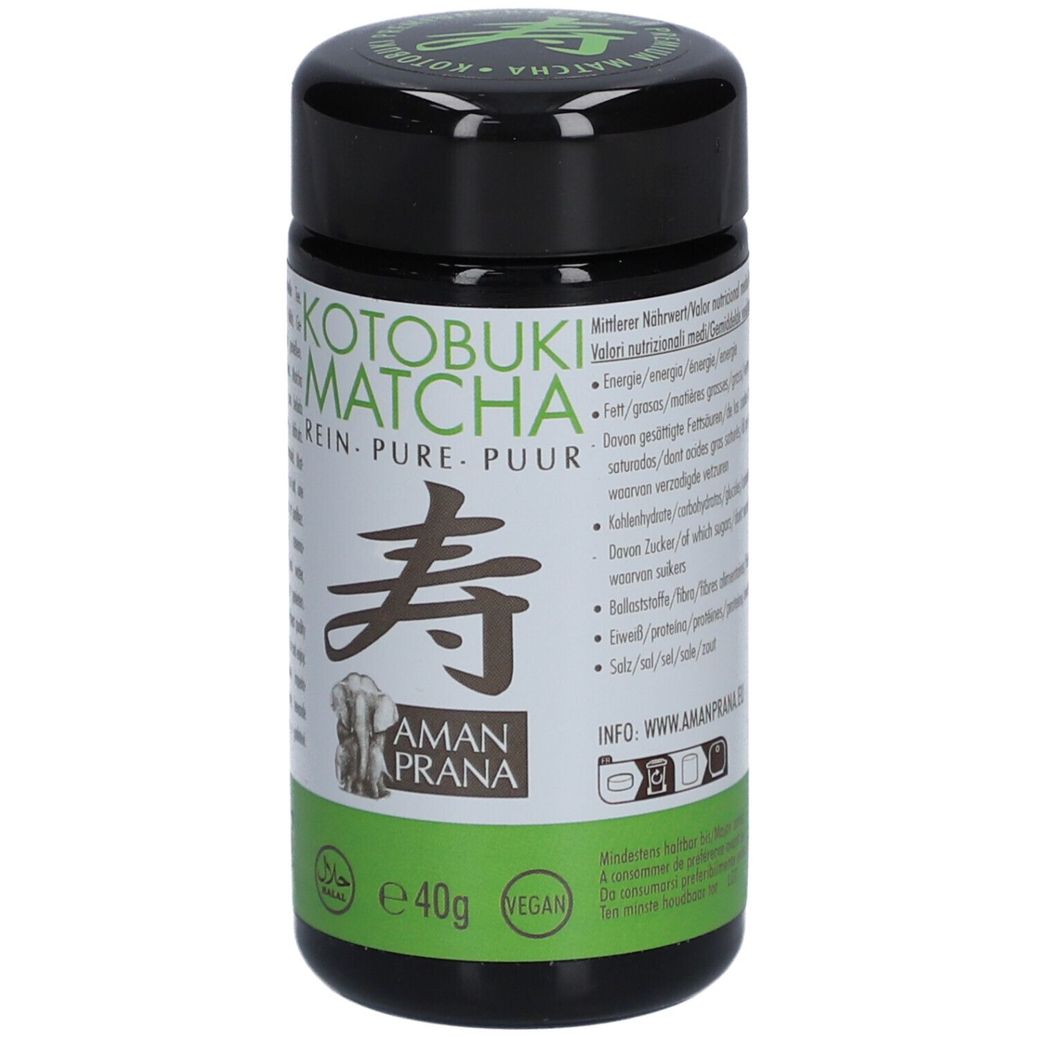 Schwarze Dose mit grünem Etikett. Aufschrift: Kotobuki Matcha Rein. Logo: Amanprana. Vegan und Halal-Siegel. Inhalt: 40g.
