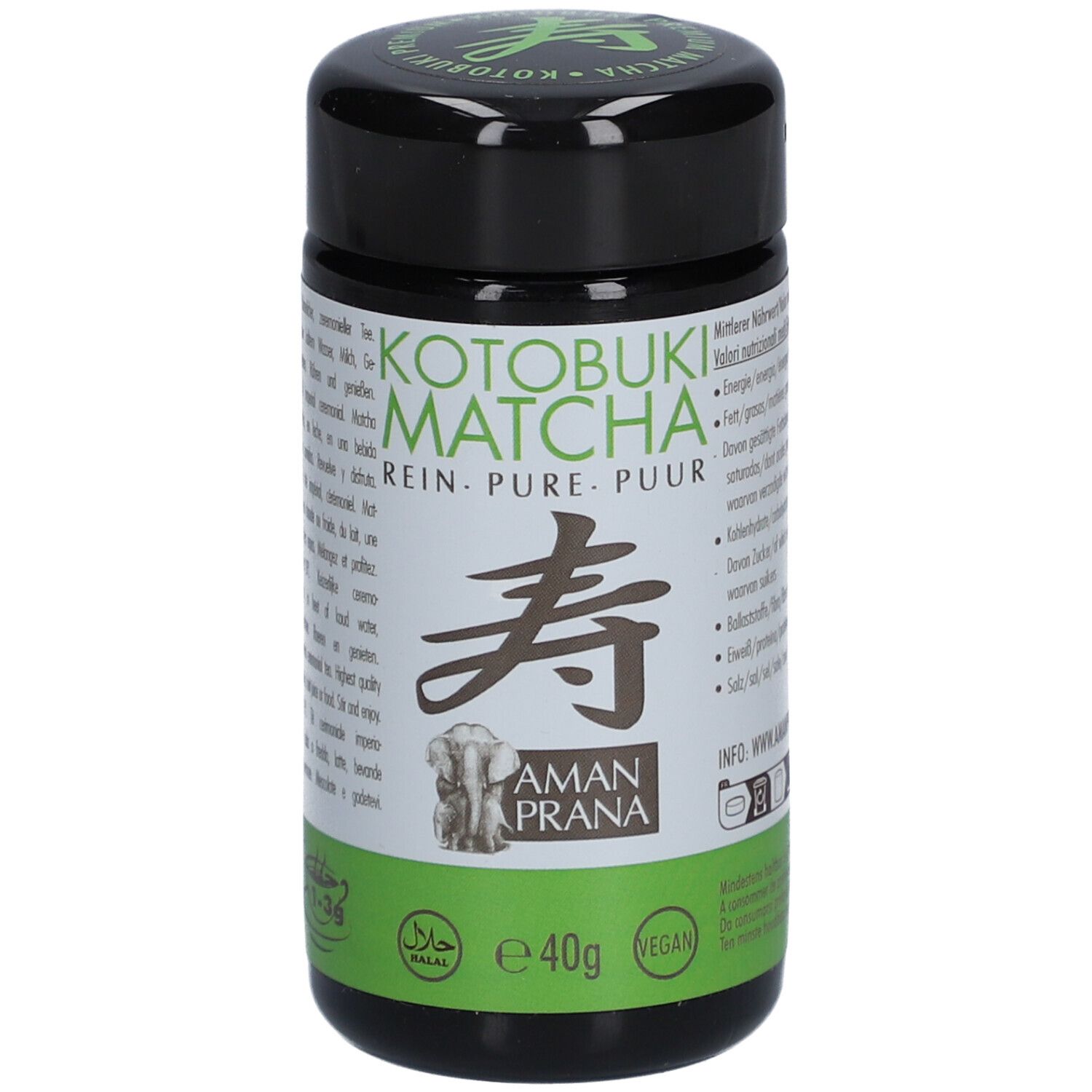 Schwarze Dose mit grünem Etikett. Aufschrift: Kotobuki Matcha Rein. Logo: Amanprana. Vegan und Halal-Siegel. Inhalt: 40g.