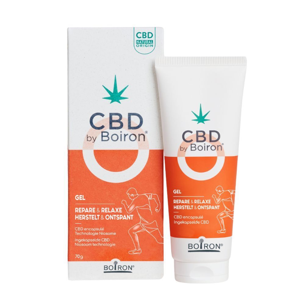 CBD by Boiron Gel Repare & Relaxe. Emballage et tube. Texte : Gel, Repare & Relaxe, 70g. Logo cannabis.