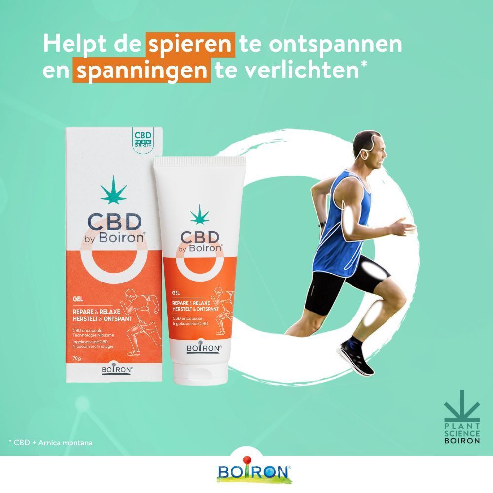CBD by Boiron Gel Repare & Relaxe. Verpakking en tube. Tekst: Gel, Repare & Relaxe, 70g. Cannabis-logo.