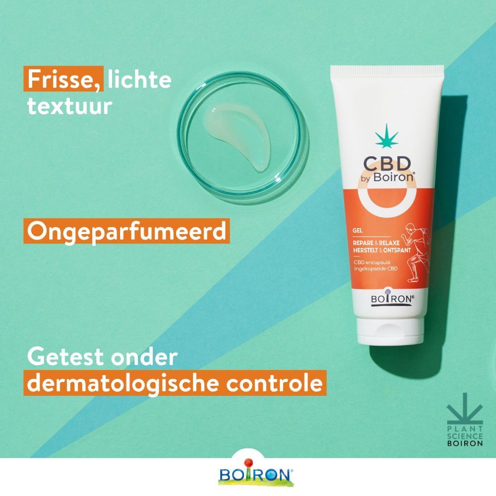 CBD by Boiron Gel Repare & Relaxe. Verpakking en tube. Tekst: Gel, Repare & Relaxe, 70g. Cannabis-logo.