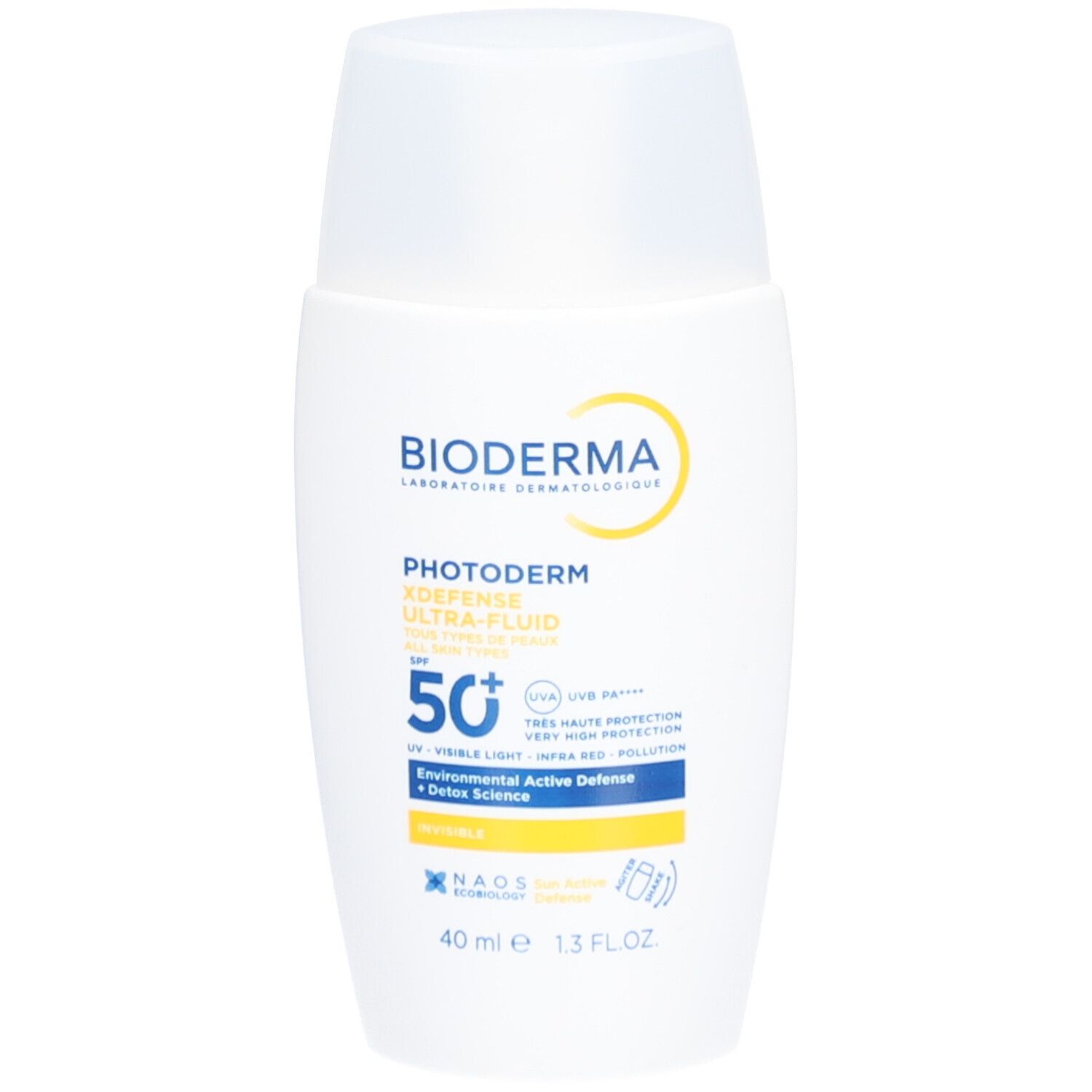 Weiße Flasche mit gelbem Etikett. Aufschrift: Bioderma, Photoderm, Ultra-Fluid, SPF 50+. 40 ml.