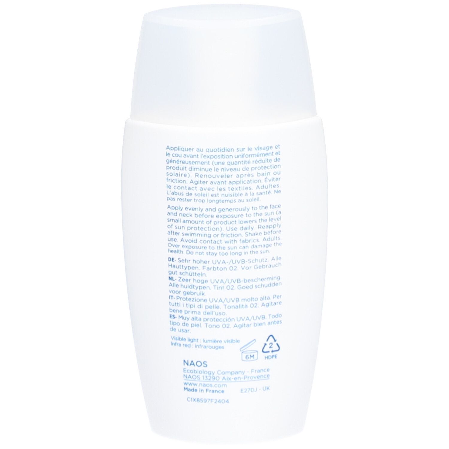 Rückseite der weißen Flasche. Text in mehreren Sprachen. Informationen zur Anwendung und Inhaltsstoffen.