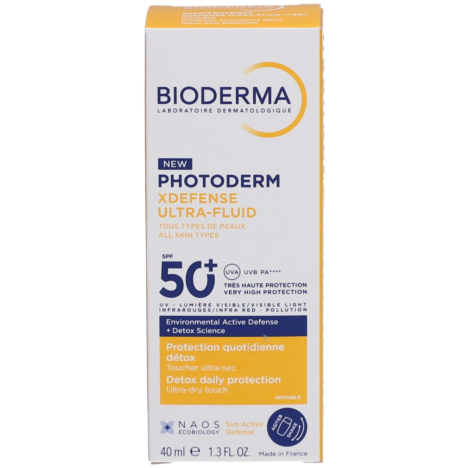 Gelbe Schachtel mit Produktinformationen. Aufschrift: Bioderma, Photoderm, SPF 50+.