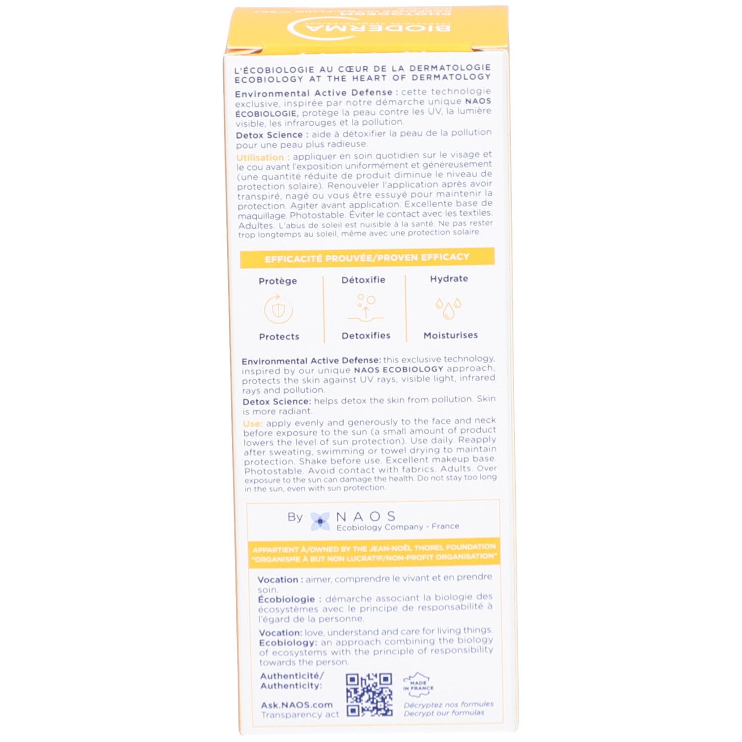 Gelbe Schachtel, Innenseite. Text in französischer Sprache. Informationen zum Produkt.