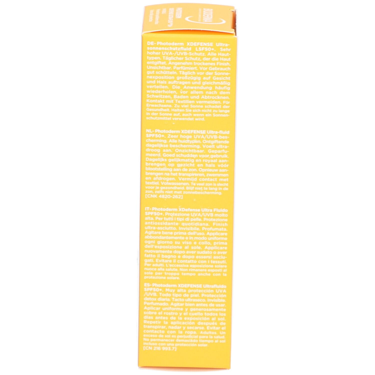 Gelbe Schachtel, Rückseite. Text in mehreren Sprachen. Informationen zum Produkt.